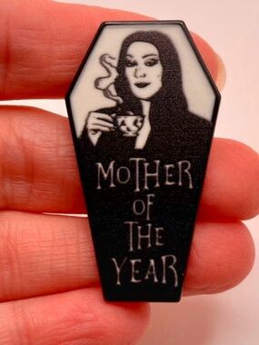 Mother of the Year Coffin Pin - Black & White Enamel~ Morticia